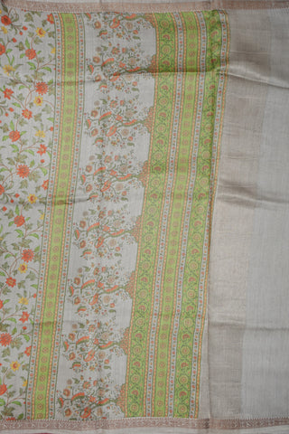 Kodi Floral Printed Design With Zari And Threadwork Border Light Sage Green Tussar Silk Saree