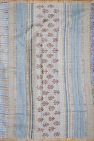 Allover Floral  Printed With Bavanchi Border Turkish Blue Tussar Silk Saree