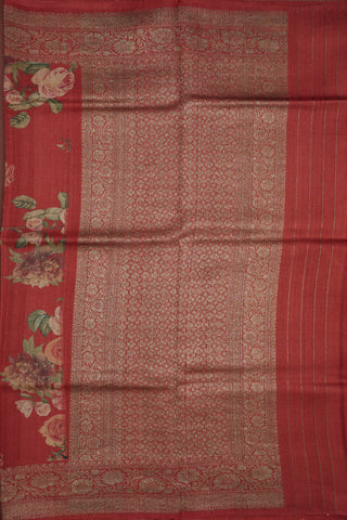 Botanical Digital Printed With Zari And Threadwork Border Rust Red Tussar Silk Saree