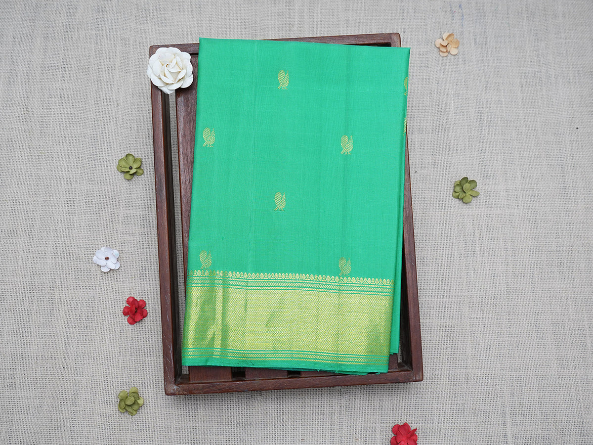 Chevron Design Border With Peacock Motifs Sea Green Kanchipuram Unstitched Blouse Material