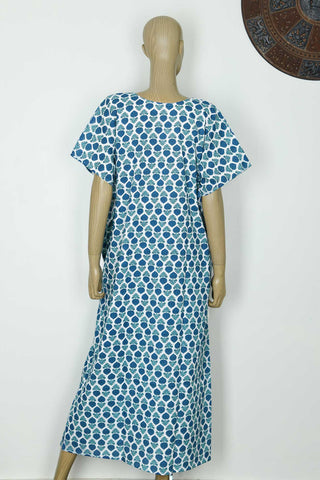 V-Neck Floral Design White And Stone Blue Cotton Kaftan