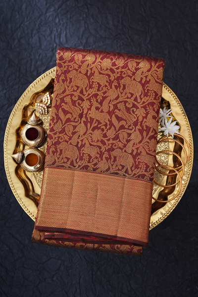 Pure kanjivaram silk saree deep maroon with allover zari woven floral –  Cherrypick