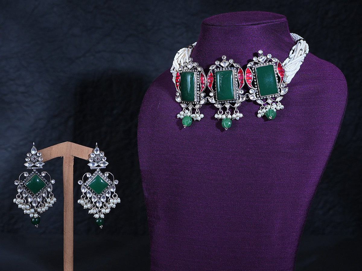 Pure Silver With Antique Finishing Green Onyx And White Polki With White Pearl Stone Choker Set