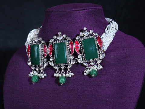 Pure Silver With Antique Finishing Green Onyx And White Polki With White Pearl Stone Choker Set