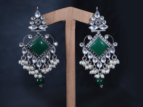 Pure Silver With Antique Finishing Green Onyx And White Polki With White Pearl Stone Choker Set