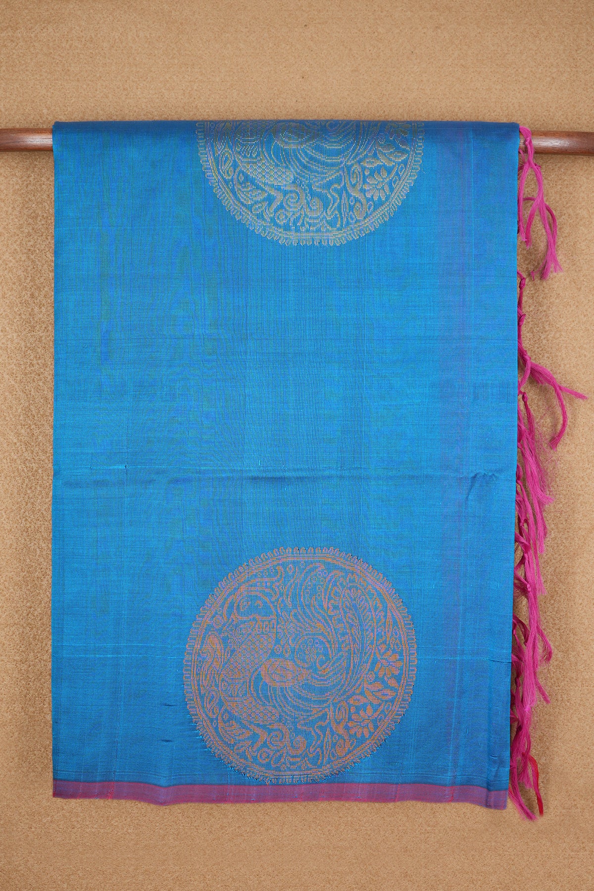 Zari And Threadwork Peacock Motifs Cobalt Blue Silk Cotton Saree