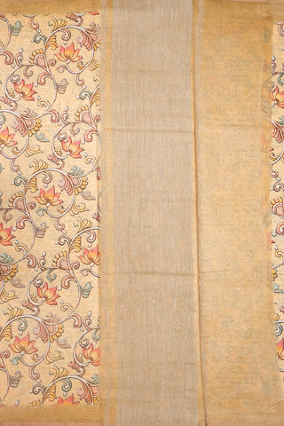 Zari Border With Allover Floral Digital Printed Yellowish Beige Chanderi Silk Cotton Saree