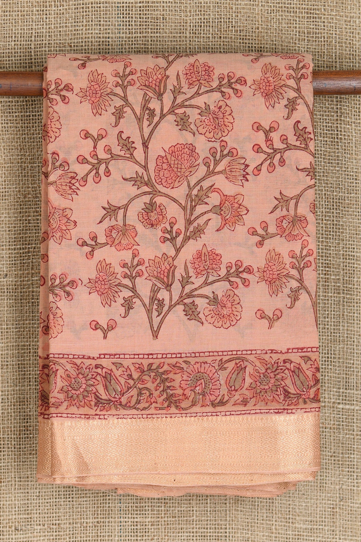 Zari Border With Floral Printed Peach Mangalagiri Cotton Saree