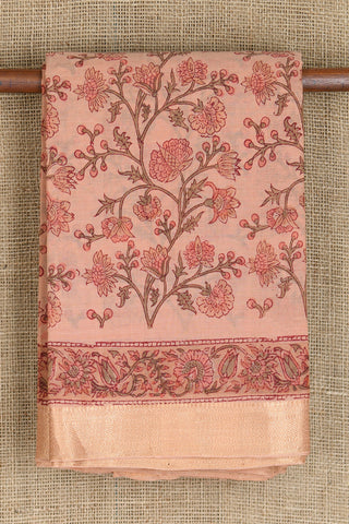 Zari Border With Floral Printed Peach Mangalagiri Cotton Saree