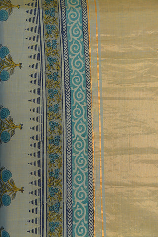 Zari Border With Floral Printed Sage Green Mangalagiri Cotton Saree