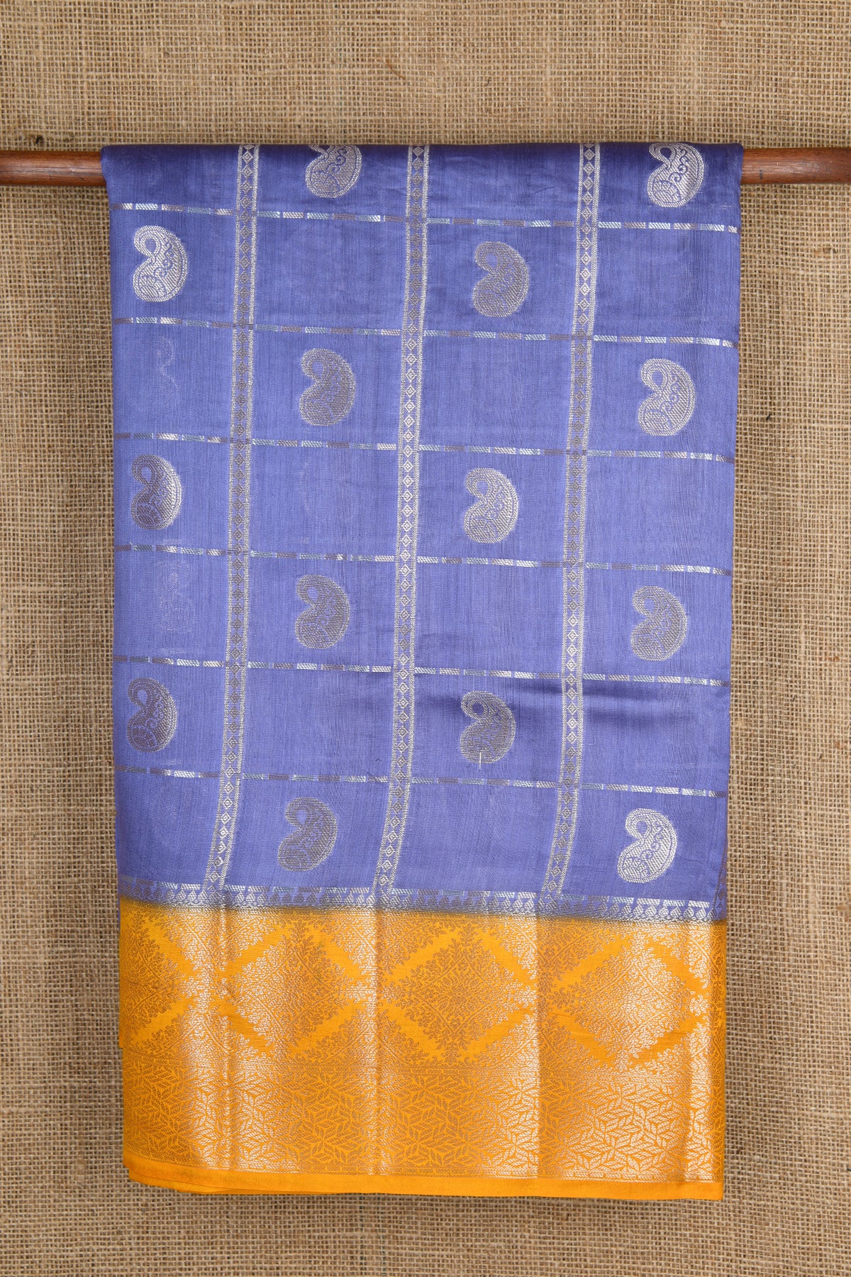 Checks Paisley Design Steel Blue Raw Silk Saree