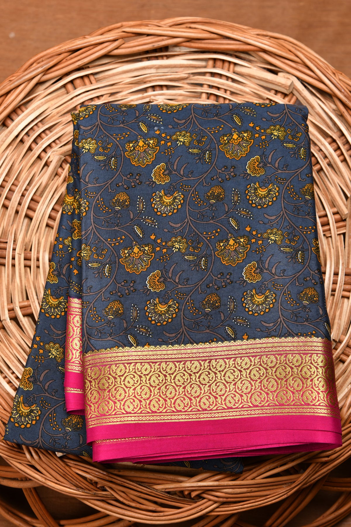 Contrast Border Floral Design Blue Crepe Silk Saree