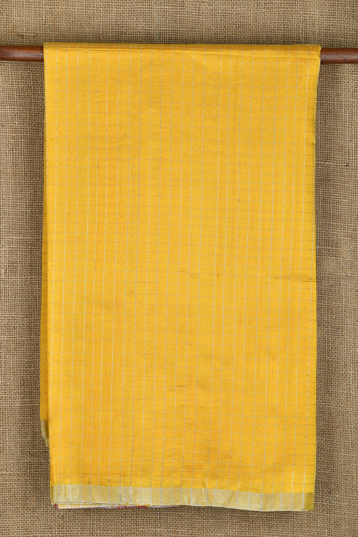 Silver Zari Small Border With Checks Lemon Yellow Jute Silk Saree