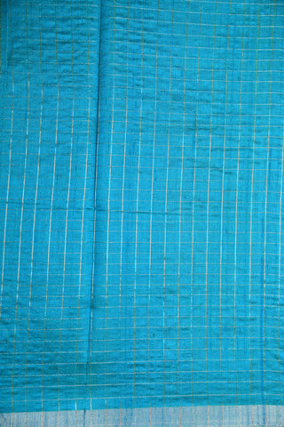 Silver Zari Small Border With Checks Turquoise Blue Jute Silk Saree