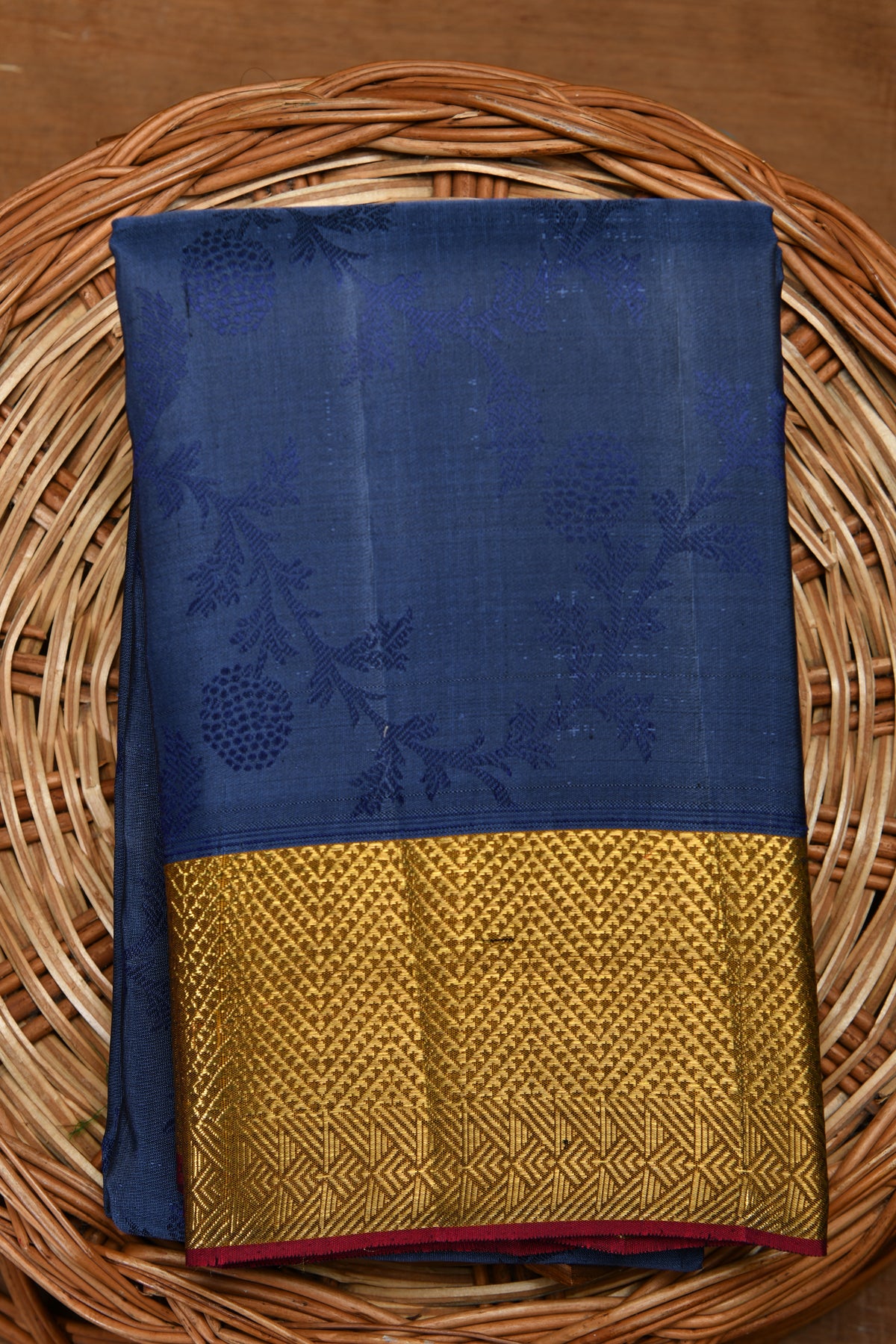 Chevron Border Design Ash Blue Kanchipuram Silk Saree