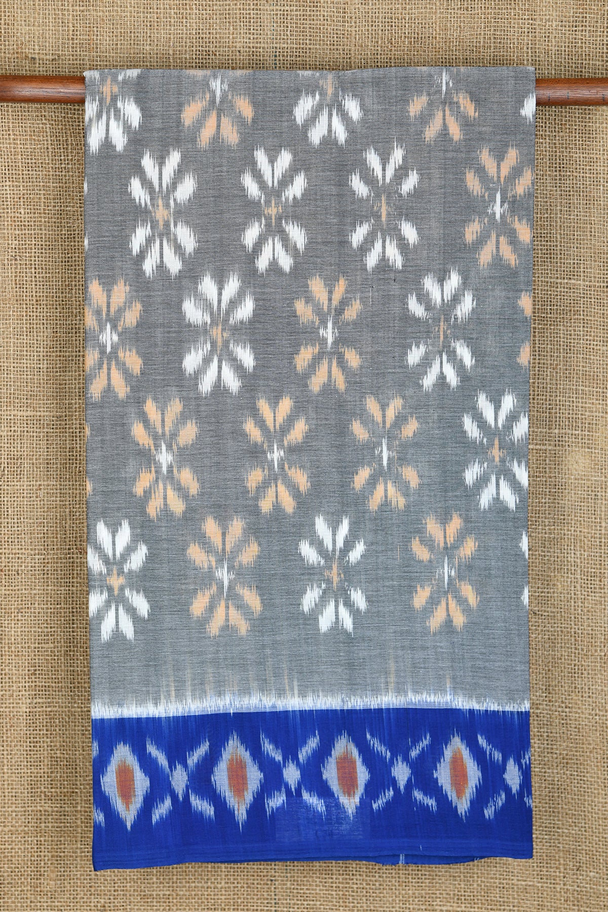 Contrast Border Floral Design Grey Pochampally Cotton Saree