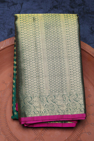 Big Traditional Border With Zari Polka Dots Forest Green Kanchipuram Silk Saree