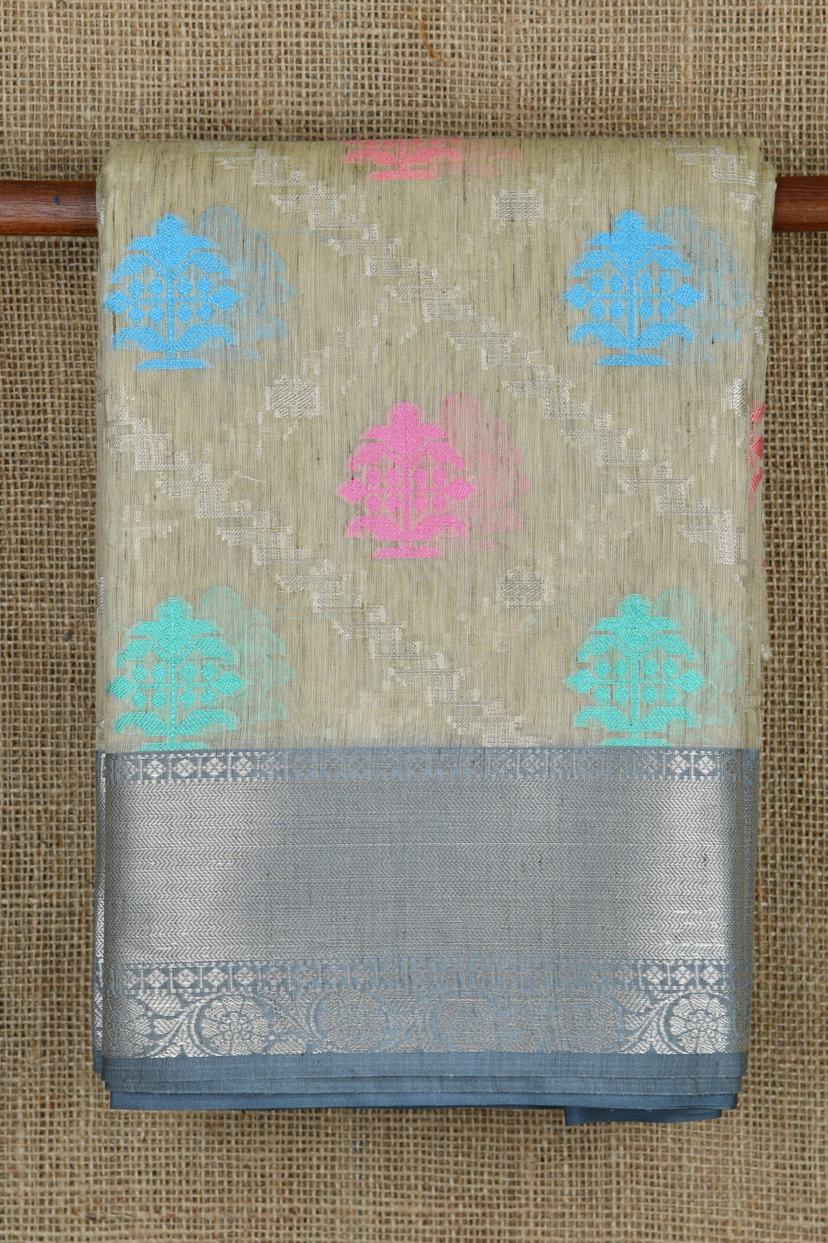 Thread Work Floral Butta Khaki Grey Semi Banaras Saree