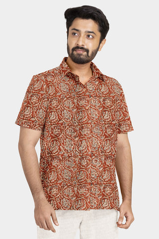 Regular Collar Kalamkari Printed Maroon Cotton Shirt