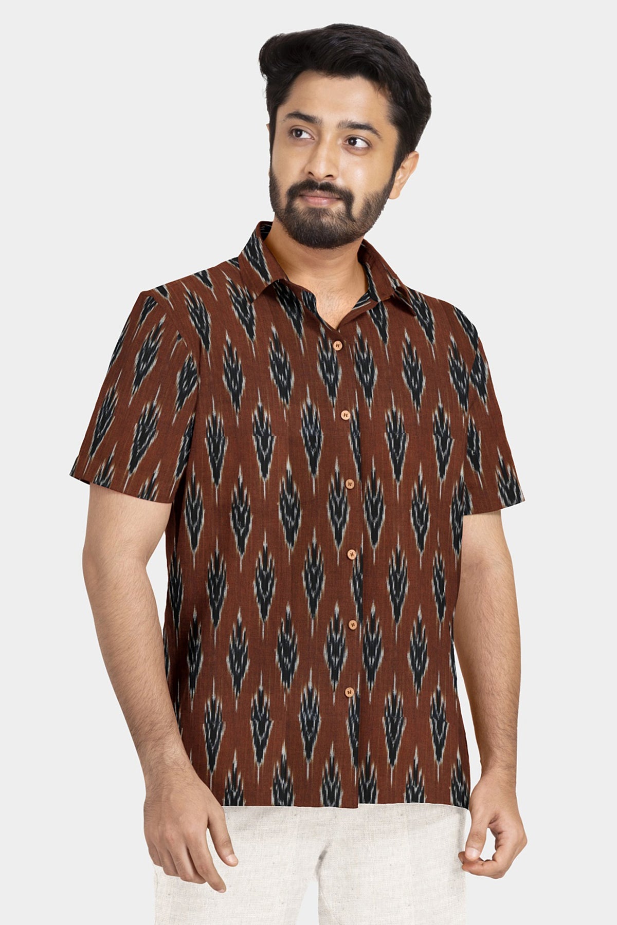 Regular Collar Ikat Design Chocolate Brown Cotton Shirt – Sundari