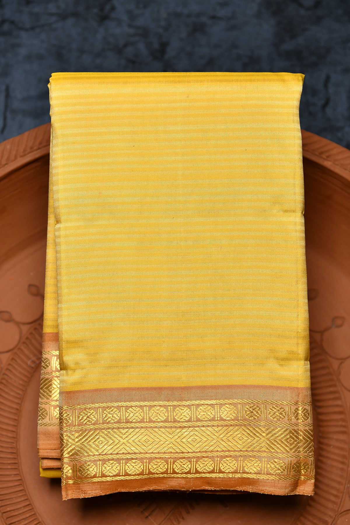 Rudraksh Border With Monochrome Stripes Soft Yellow Kanchipuram Silk Saree