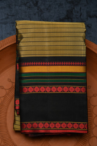 Rettai Pettu Thread Work Rudraksh Border With Stripes Khaki Green Kanchipuram Silk Saree