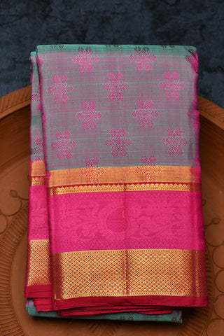 Rettai Pettu Diamond Border With Jacquard Floral Grey And Purple Kanchipuram Silk Saree