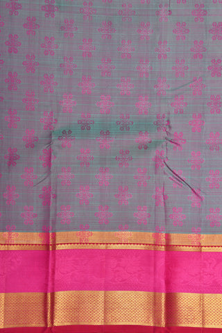 Rettai Pettu Diamond Border With Jacquard Floral Grey And Purple Kanchipuram Silk Saree