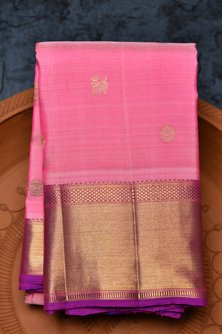 Zari Big Border With Peacock And Rudraksh Butta Baby Pink Kanchipuram Silk Saree